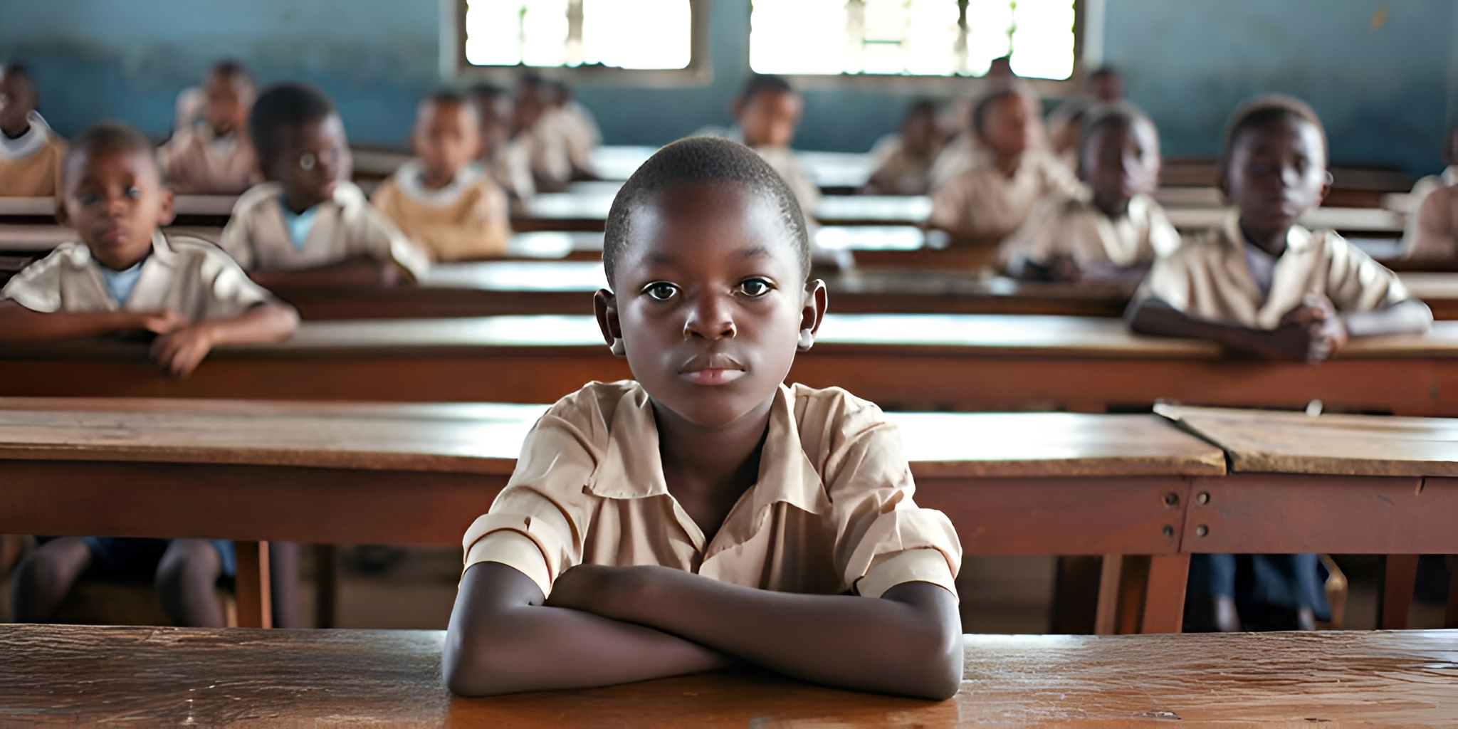 A pupil sitting in a school classroom; education image from the charity website